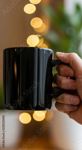 Hand holds black mug. Warm bokeh background.