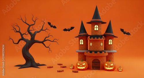 Spooky haunted castle with jack-o-lanterns and flying bats on orange background for Halloween 3D rendered scene Happy Halloween