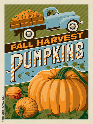 Fall Harvest Pumpkins Vintage Poster with Truck Illustration