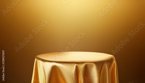 Golden Luxurious Fabric Or Cloth Placed On Top Pedestal Or Blank Podium Shelf On Gold Background With Luxury Concept Museum Or Gallery Backdrops For Product D Rendering