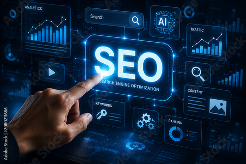 Digital SEO interface with human finger interacting with glowing search engine optimization analytics and ranking graphs