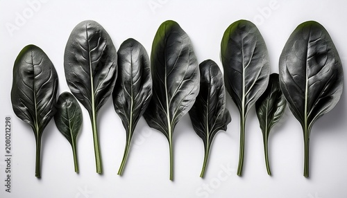 Row Of Black Spinach Leaves With White Stems Against A White Background