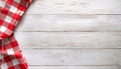 Picnic Theme White Wood Background With Red And White Check Cloth Side Border Top Down View Banner Copy Space