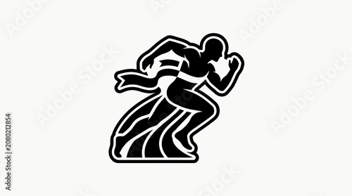 Athletic figure breaking through a finish line ribbon in a dynamic, stylized running pose, symbolizing achievement and speed, perfect for sports or competition themes