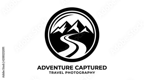 Camping adventure logo featuring a stylized tent, mountain range, and campfire, symbolizing outdoor exploration and cozy nights under the stars