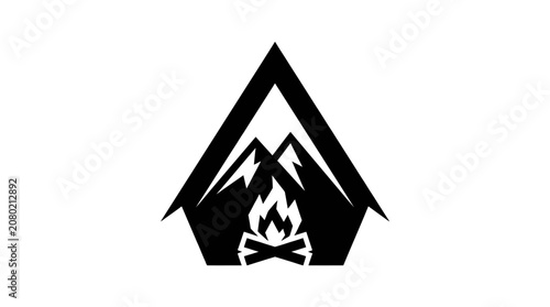 Stylized outdoor adventure emblem with an A-frame cabin, majestic mountains, and a glowing campfire. Ideal for nature and camping brands, evoking exploration and wilderness tranquility