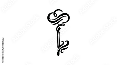Elegant ornate vintage key illustration symbolizing mystery, access, and unlocking secrets, rendered in a sophisticated swirling black and white design