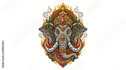 Intricate illustration of an ornate elephant head, adorned with a regal crown and fiery embellishments, symbolizing wisdom and prosperity in a cultural art style