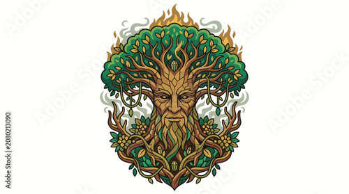 Mystical ancient tree spirit illustration with a wise face and vibrant foliage, representing nature's eternal wisdom and strength