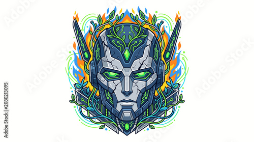 Digital illustration of a futuristic robotic head intertwined with lush organic elements and glowing energy, symbolizing technological harmony with nature