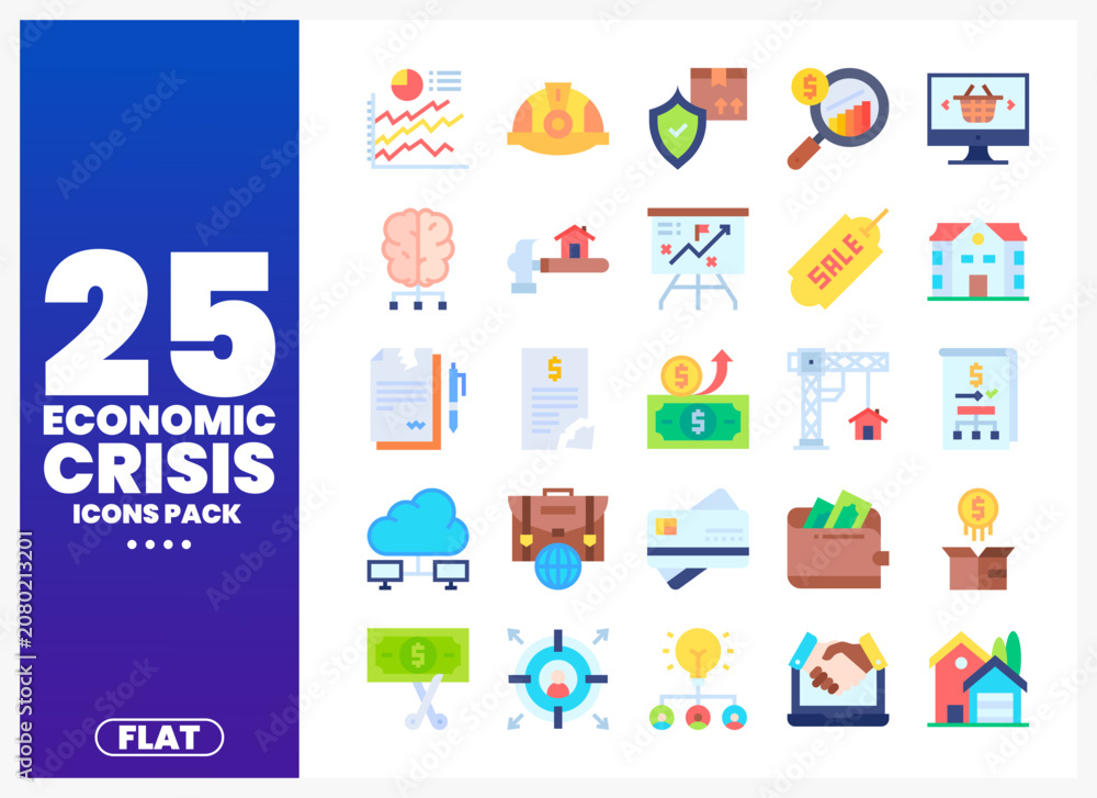 Fototapeta premium Flat economic crisis icons pack with graphs. money. buildings. and business symbols.