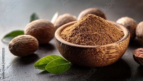 Aromatic Nutmeg On A Dark Stone Background