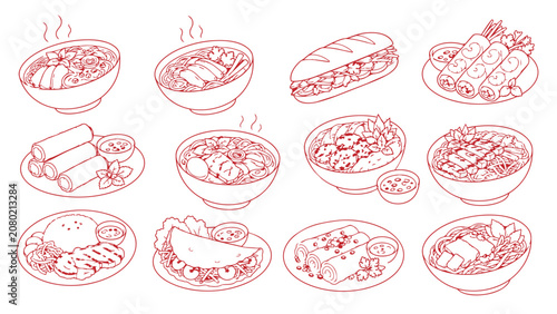 Foto Vietnamese food icon set with pho, banh mi, spring rolls, rice bowls, pancakes a