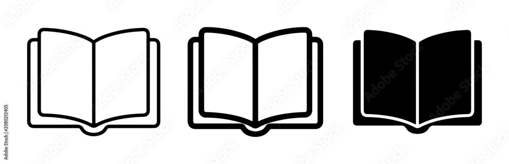 Fototapeta premium Open Book Icons, Vector Illustrations of Literature and Knowledge Symbols, Black and White Reading Graphics for Education and Information Concepts