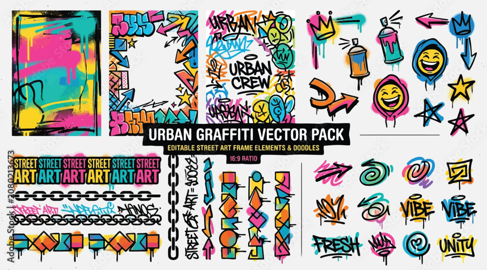 Fototapeta premium Urban graffiti vector pack with street art frame elements and doodles