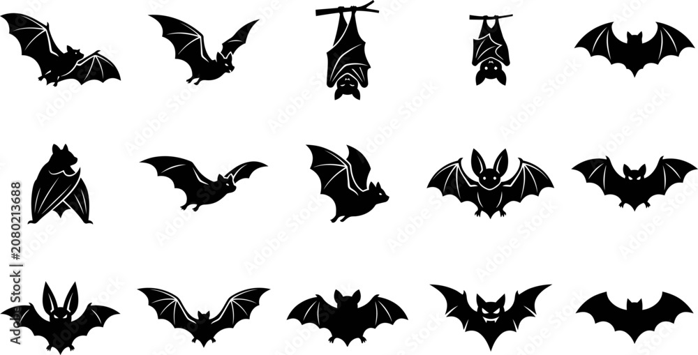Fototapeta premium Black silhouette bat collection for halloween designs vector graphics and spooky themed projects
