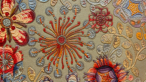 Detailed close-up of colorful floral embroidery on textured fabric