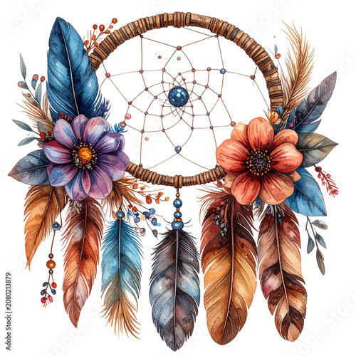 Colorful Dreamcatcher With Feathers And Flowers.
