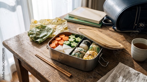Sustainable bento box with beeswax wraps and vegetables on wooden table in morning light