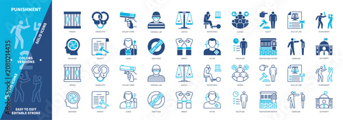 Punishment icon set. Coercion, Retribution, Guilty, Prison, Norms, Penalty, Victim, Judge. Duotone color solid and editable outline icons