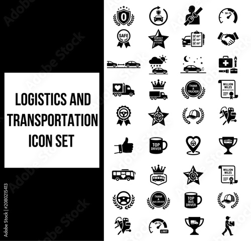 Logistics and transportation icon set with safety driving and professional driver achievement