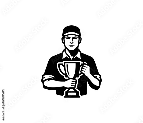 Man holding a trophy icon representing a champion winner or successful professional achievement