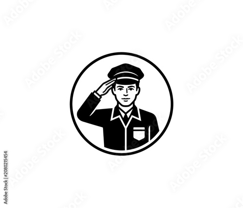 Professional driver saluting inside a round badge icon for transport and service industry theme