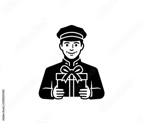 Professional courier holding a wrapped gift box icon for delivery service and logistics design