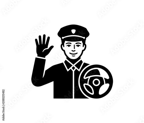 Professional driver waving hand next to a steering wheel icon for automotive transport service