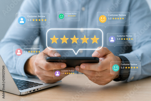 Hand holding smartphone with five-star customer review rating glowing above during digital feedback