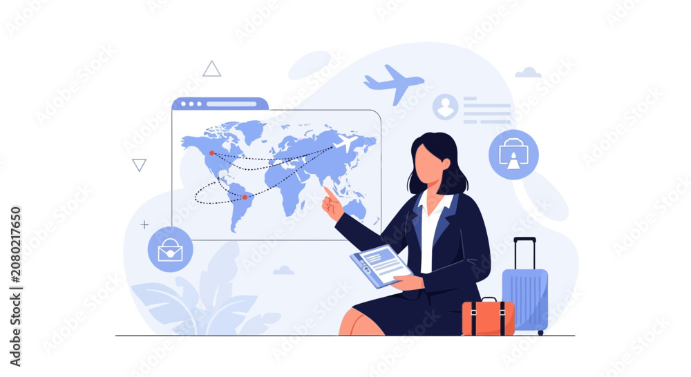 Fototapeta premium Businesswoman planning global travel routes on world map with airplane and luggage, vector illustration concept