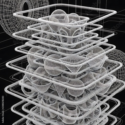 Wireframe 3D spheres stacked, metallic mesh wireframe objects, geometric shapes, futuristic technology concept