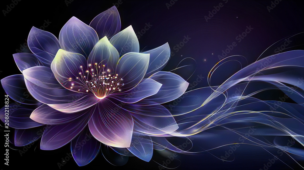 Fototapeta premium Glowing futuristic flowers with luminous petals, sparkling particles and neon light effects on dark backgrounds. Fantasy botanical illustrations with surreal colors and elegant digital art aesthetics.