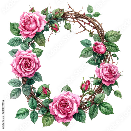 Pink Rose Floral Wreath with Green Leaves 3.