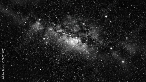 Stunning black and white view of the Milky Way galaxy stars in the night sky.
