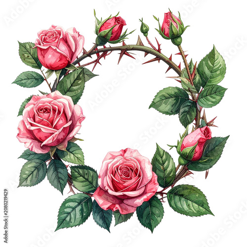 Pink Rose Flower Wreath With Thorns.