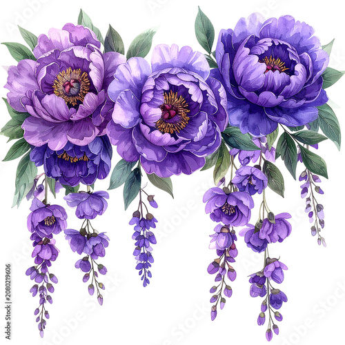 Purple Peony Flowers with Hanging Wisteria Blossoms.