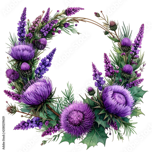 Purple Thistle Floral Wreath Illustration.