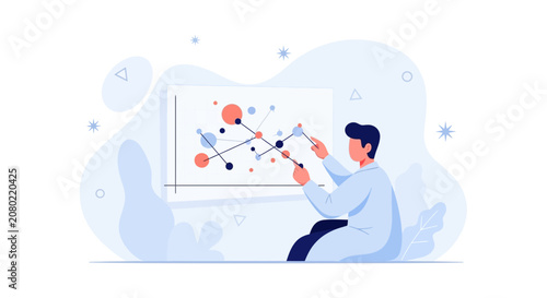 Scientist Analyzing Molecular Structure or Data on a Whiteboard, Modern Flat Illustration