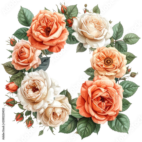 Vintage floral wreath with roses and leaves.