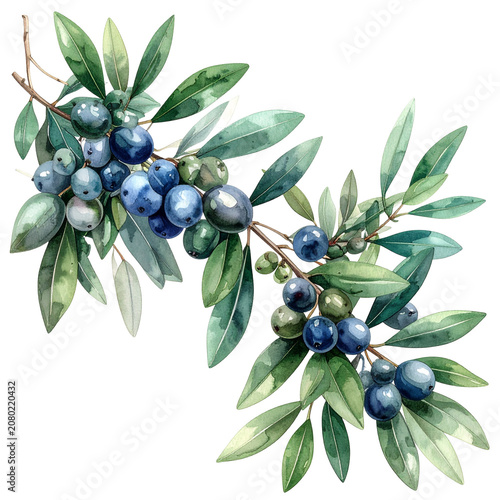 Watercolor Illustration of Olive Branch with Fruits.