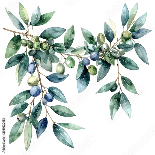 Watercolor Olive Branch with Leaves and Fruits.