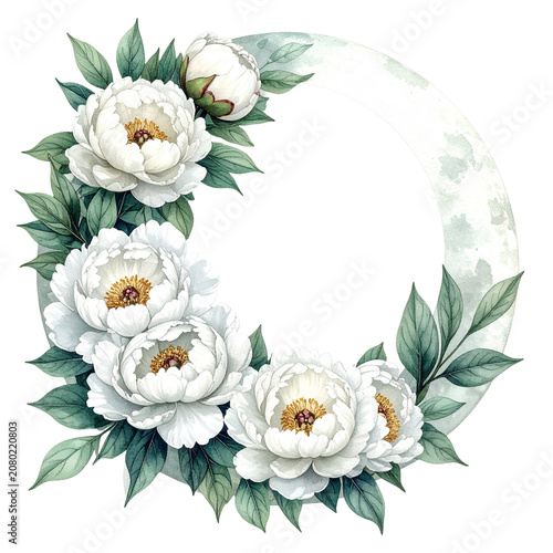White Peony Flower Wreath with Green Leaves 1.