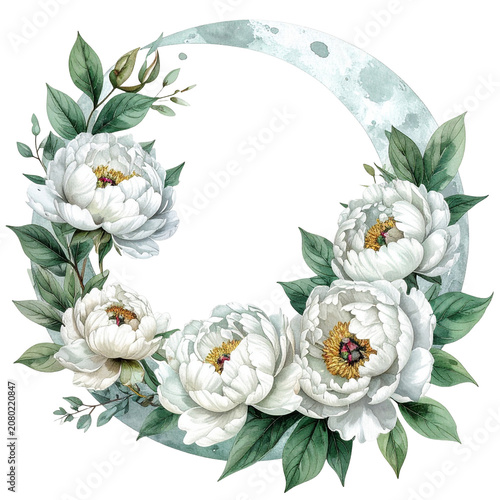 White Peony Floral Wreath with Green Leaves.