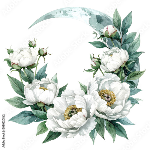 White Peony Flower Wreath with Green Leaves.