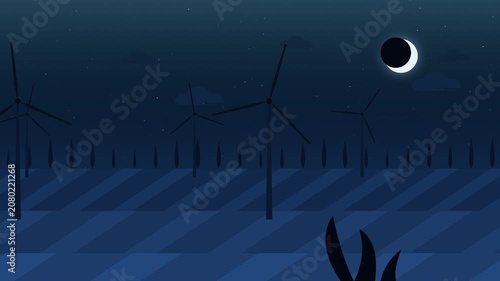 Parallax animation of wind turbines under a crescent moon at night