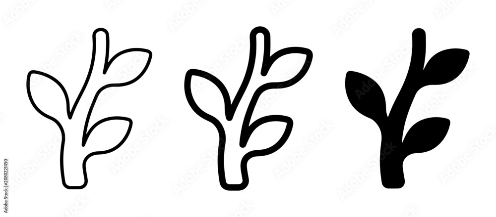 Obraz premium Minimalist Plant Icons, Simple Botanical Vector Graphics, Outline and Solid Fill Leafy Branch Designs for Nature and Growth Concepts