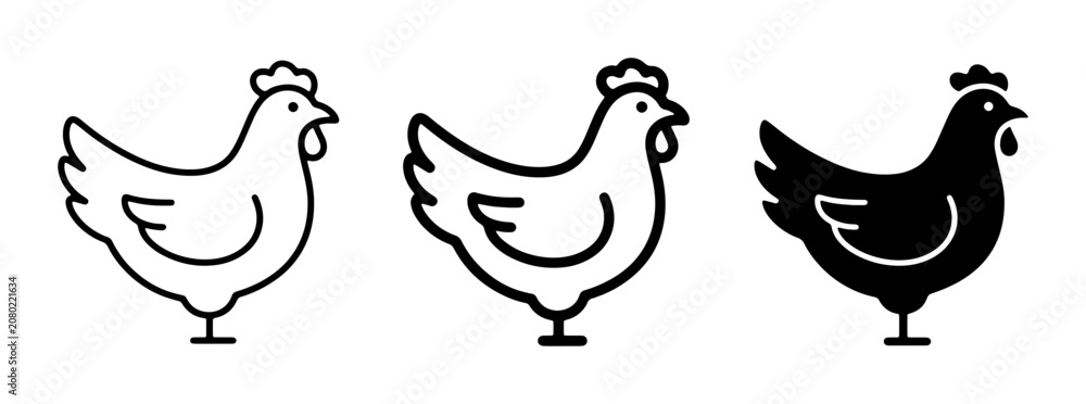 Obraz premium Chicken Icons Set, Farm Animal Vector Graphics, Poultry Silhouette and Outline Illustrations for Food and Agriculture Themes