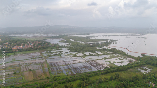 Fotografía Aerial view of Old Goa and the Mandovi River during the monsoon season, featuring coconut palms, green fields, backwaters, lush greenery, nearby houses, and cloudy skies