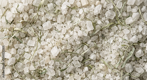 Macro Texture of Coarse Sea Salt Crystals Mixed with Dried Kelp Fibers